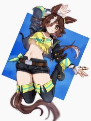 Rule 34 | 1girl, :d, animal ears, arm up, belt, black footwear, black jacket, black shorts, boots, brown eyes, collarbone, full body, grin, hair over one eye, hide oo, highres, horse ears, horse girl, horse tail, jacket, jumping, long hair, long sleeves, looking at viewer, midriff, navel, open clothes, open jacket, open mouth, ponytail, shirt, shorts, smile, solo, stomach, stopwatch, stopwatch around neck, tail, teeth, thigh boots, umamusume, v-shaped eyebrows, vodka (umamusume), white background, yellow shirt