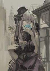 Rule 34 | 1girl, black dress, blue eyes, blue flower, closed mouth, covered mouth, dress, flower, flower over mouth, grey hair, grey theme, hair between eyes, hands up, hat, holding, holding flower, long hair, mini hat, mole, mole under eye, muted color, original, outdoors, rayvon, sketch, solo, upper body