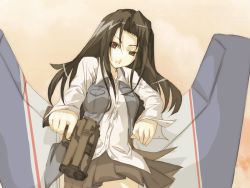 Rule 34 | 1girl, aircraft, airplane, black hair, breasts, brown eyes, f-15, f-15 eagle, fighter jet, finger on trigger, gangsta hold, gun, handgun, holding, holding gun, holding weapon, jet, long hair, mecha musume, military, military vehicle, original, personification, pistol, pleated skirt, roadksa, skirt, solo, vest, weapon, wings