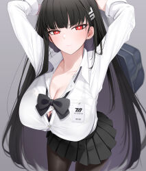 Rule 34 | 1girl, bag, black bow, black bowtie, black bra, black hair, black pantyhose, black skirt, blue archive, blush, bow, bowtie, bra, breasts, buttons, cleavage, closed mouth, collarbone, collared shirt, cowboy shot, fed (giba), gradient background, hair ornament, hairpin, highres, large breasts, long hair, looking at viewer, pantyhose, pleated skirt, red eyes, rio (blue archive), school bag, shirt, skirt, solo, underwear, white shirt