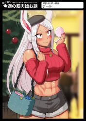 Rule 34 | 1girl, abs, animal ears, bag, bare shoulders, beret, black border, black headwear, black shorts, blurry, blurry background, blush, boku no hero academia, book, border, box, braid, braided bangs, breasts, christmas tree, clenched hand, cropped sweater, dark-skinned female, dark skin, dated, detached sleeves, gift, gift box, hands up, harurukan, hat, highres, holding, holding bag, holding compact, jewelry, large breasts, long eyelashes, long hair, looking at object, midriff, mirko, muscular, muscular female, nail polish, navel, necklace, parted bangs, pendant, rabbit ears, rabbit girl, red eyes, red nails, red sleeves, red sweater, ribbed sleeves, ribbed sweater, short shorts, shorts, solo, sweater, thighs, turtleneck, turtleneck sweater, twitter username, very long hair, wavy mouth, white hair