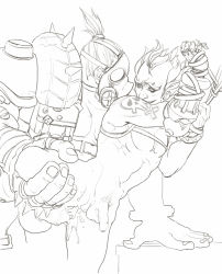 Rule 34 | 2boys, cum, eyebrows, fat, fat man, fingerless gloves, gas mask, gloves, junkrat (overwatch), male focus, mask, mechanical arms, monochrome, multiple boys, overwatch, overwatch 1, peg leg, penis, roadhog (overwatch), short hair, single mechanical arm, spikes, tattoo, thick eyebrows, white background, yaoi, yukiuy