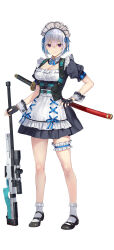 Rule 34 | 1girl, absurdres, apron, black footwear, black gloves, breasts, bridal garter, cleavage, dress, expressionless, fingerless gloves, full body, gloves, gun, harness, highres, holding, holding gun, holding weapon, katana, looking at viewer, maid, maid apron, maid of the dead, mary janes, official art, photoshop (medium), puffy short sleeves, puffy sleeves, purple eyes, rifle, rinka kazane, sheath, sheathed, shoes, short dress, short hair, short sleeves, simple background, solo, standing, sword, weapon, white background, white hair, wrist cuffs