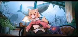 Rule 34 | 1girl, :q, animal ears, aquarium, black thighhighs, blonde hair, breasts, bucket, cat ears, cat girl, cat tail, commission, controller, couch, creature, crop top, daikazoku63, fish, game controller, gamepad, highres, letterboxed, long sleeves, medium breasts, navel, plant, red eyes, shark, ship, short hair, short shorts, shorts, shyrei faolan, tail, thighhighs, tongue, tongue out, virtual youtuber, vyugen, watercraft
