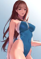 Rule 34 | 1girl, blue one-piece swimsuit, breasts, brown hair, commentary request, competition swimsuit, cowboy shot, gradient background, highres, large breasts, long hair, one-piece swimsuit, open mouth, original, red eyes, royal s, solo, swimsuit, teeth, twitter username, two-tone one-piece swimsuit, upper teeth only, water drop, wet, wet clothes, wet swimsuit