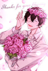 Rule 34 | 1boy, absurdres, black hair, blurry, blush, bokeh, bouquet, closed eyes, collared shirt, depth of field, english text, flower, flower on head, given, highres, holding, holding bouquet, light particles, long sleeves, male focus, murata ugetsu, open mouth, petals, pink flower, pink rose, pink theme, pinoli (pinoli66), rose, rose petals, shirt, smile, solo, upper body, white background, white shirt