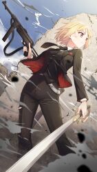 Rule 34 | alternate costume, black necktie, black pants, black suit, blonde hair, blue sky, breasts, brown eyes, cloud, commission, concrete, debris, dust, dust cloud, feet out of frame, formal, girls&#039; frontline, gun, highres, holding, holding sword, holding weapon, looking to the side, medium breasts, mp40, mp40 (girls&#039; frontline), necktie, non-web source, pants, rubble, saber (weapon), scabbard, sheath, shirt, skeb commission, sky, submachine gun, suit, sweat, sword, tarutaru gungun, torn clothes, weapon, white shirt