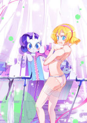 Rule 34 | 2girls, :&lt;, alice margatroid, ass, bad perspective, blonde hair, blue eyes, blush, bra, crossover, curly hair, flying sweatdrops, hairband, highres, horns, looking back, multiple girls, my little pony, my little pony: friendship is magic, open mouth, purple hair, rarity (my little pony), sewing, sewing machine, shadow, sidelocks, single horn, surprised, thighhighs, touhou, underwear, unicorn, xin yu hua yin
