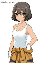 Rule 34 | 1girl, bob cut, breasts, brown hair, cleavage, closed mouth, clothes around waist, commentary, dark-skinned female, dark skin, girls und panzer, gloves, green eyes, hand on own hip, highres, hoshino (girls und panzer), jumpsuit, long sleeves, looking at viewer, mechanic, medium breasts, nakasone haiji, one-hour drawing challenge, orange jumpsuit, shirt, short hair, simple background, smile, solo, standing, tank top, twitter username, uniform, white background, white gloves, white shirt