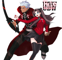 Rule 34 | 1boy, 1girl, archer (fate), between fingers, black thighhighs, blue eyes, bow (weapon), breasts, brown eyes, brown hair, copyright name, dark-skinned male, dark skin, fate/stay night, fate (series), gem, hair ribbon, height difference, hetero, highres, holding, holding hands, jacket, long coat, long hair, red jacket, ribbon, skirt, sweater, tetsu (kimuchi), thighhighs, tohsaka rin, turtleneck, two side up, weapon, white hair, zettai ryouiki