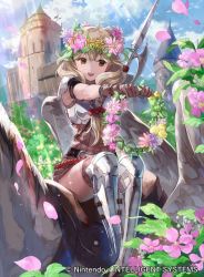 Rule 34 | 1girl, armor, blonde hair, braid, brown eyes, brown gloves, castle, cloud, company name, faye (fire emblem), fire emblem, fire emblem cipher, fire emblem echoes: shadows of valentia, flower, gloves, greaves, head wreath, horse, long hair, mayo (becky2006), nintendo, official art, open mouth, polearm, shoulder pads, sitting, sky, solo, spear, twin braids, weapon