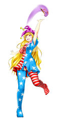 Rule 34 | 1girl, absurdres, alternate legwear, american flag dress, american flag legwear, breasts, clownpiece, dress, fairy wings, fire, full body, hat, highres, jester cap, leg up, long hair, no shoes, open mouth, panties, pantyshot, pink eyes, purple eyes, purple panties, round teeth, short dress, short sleeves, simple background, smile, solo, space, standing, standing on one leg, star (sky), striped clothes, striped dress, teeth, thighhighs, thighs, tongue, torch, touhou, underwear, very long hair, white background, wings, yomitrooper