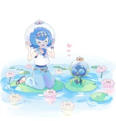 Rule 34 | 1girl, ^ ^, arms up, blue hair, blue pants, blush, bubble, closed eyes, collarbone, commentary, creatures (company), crown, dewpider, facing viewer, flower, full body, game freak, gen 7 pokemon, hairband, heart, helmet, highres, kneeling, lana (pokemon), lily (flower), lily pad, mei (maysroom), nintendo, open mouth, pants, pokemon, pokemon (anime), pokemon (creature), pokemon sm (anime), ripples, sailor collar, sandals, shirt, short hair, simple background, sleeveless, sleeveless shirt, smile, swimsuit, swimsuit under clothes, trial captain, water, water drop, white background, white shirt, z-ring
