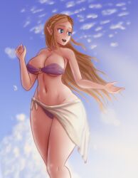 Rule 34 | 1girl, alternate breast size, bikini, blonde hair, blue eyes, breasts, cloud, colored nipples, hair ornament, large breasts, long hair, looking at another, nintendo, o-ring, o-ring bra, panties, princess zelda, purple bikini, saf-404, saf-404, saf-404, sarong, solo, swimsuit, tagme, the legend of zelda, thick thighs, thighs, underwear