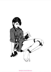 Rule 34 | 1girl, ass, barefoot, belt, black nails, bound, bound ankles, bound knees, braid, breast pocket, breasts, buttons, canteen, collared jacket, explosive, feet, grenade, greyscale, hair behind ear, hair over shoulder, highres, holding, holding grenade, ibrahem swaid, inktober, jacket, knees, legs together, lips, looking at viewer, makeup, military uniform, monochrome, nail polish, nose, original, parted hair, patreon username, pocket, simple background, skirt, sleeves rolled up, small breasts, strap, swept bangs, thighs, toenail polish, toenails, twin braids, uniform, watermark, web address, white background, white hair, wide shot