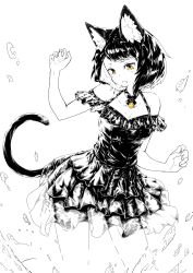 Rule 34 | 1girl, animal ear fluff, animal ears, bare arms, bare shoulders, black dress, black hair, breasts, cat ears, cat tail, choker, collarbone, contrapposto, cowboy shot, dress, greyscale, highres, jaco, layered dress, looking down, monochrome, off-shoulder dress, off shoulder, open mouth, original, short hair, simple background, slit pupils, small breasts, solo, splashing, spot color, standing, tail, water, water drop, white background, yellow eyes