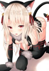 Rule 34 | 1girl, all fours, animal ear fluff, animal ears, animal hands, bad id, bad pixiv id, bare shoulders, bell, black gloves, black leotard, black thighhighs, blonde hair, blush, breasts, cat ears, center opening, commentary request, dangerous beast (illya), elbow gloves, fake animal ears, fang, fate/kaleid liner prisma illya, fate (series), fur-trimmed collar, fur-trimmed gloves, fur trim, gloves, hair ribbon, highres, illyasviel von einzbern, jingle bell, leotard, long hair, looking at viewer, official alternate costume, open mouth, paw gloves, paw shoes, red eyes, red ribbon, ribbon, shadow, shiny skin, shoes, simple background, small breasts, solo, tail, tail ornament, tail ribbon, thighhighs, white background, yuzuzukushi