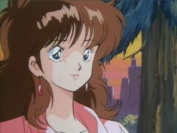 Rule 34 | 1980s (style), 1girl, anime screenshot, blue eyes, brown hair, closed mouth, collarbone, cream lemon, earrings, forest, green eyes, jewelry, light smile, lips, lipstick, long hair, makeup, nature, oldschool, outdoors, plant, retro artstyle, screencap, silhouette, solo, tree, upper body