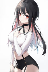 Rule 34 | 1girl, black choker, black hair, black shorts, breasts, choker, closed mouth, colored inner hair, cowboy shot, crop top, emyo, garter straps, hand on own chest, highres, large breasts, long hair, long sleeves, looking at viewer, micro shorts, midriff, multicolored hair, navel, original, red eyes, revision, shirt, shorts, sidelocks, simple background, solo, stomach, thighs, white background, white shirt