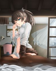 Rule 34 | 10s, 1girl, absurdres, aqua eyes, bra, brown hair, brown thighhighs, chair, curtains, desk, dress shirt, highres, hullzion, kantai collection, kumano (kancolle), navel, one eye closed, open clothes, open shirt, panties, personification, ponytail, shirt, short hair, sitting, solo, thighhighs, underwear, wink