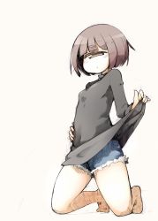 Rule 34 | 1girl, barefoot, blouse, blush, brown eyes, brown hair, clothes lift, cyclops, denim, denim shorts, expressionless, from below, hand on own hip, highres, kneeling, lifted by self, looking at viewer, one-eyed, original, shima (sh1mamu), shirt, shirt lift, shorts, simple background, sketch, solo, thick eyebrows, tiptoes, white background