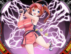 Rule 34 | 1girl, ball, blue eyes, blush, bouncing breasts, breasts, dmm, covered erect nipples, hat, huge breasts, legs, lightning, looking at viewer, machine, open mouth, orange hair, racket, shoes, side ponytail, skirt, sneakers, solo, sportswear, tennis, tennis uniform, thighs, uniform