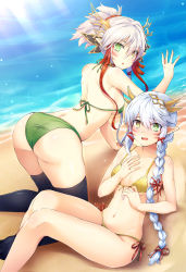Rule 34 | 2girls, :o, absurdres, all fours, arched back, ass, bare arms, bare legs, bare shoulders, beach, bikini, black legwear, blue hair, blush, braid, breasts, cleavage, collarbone, commentary request, day, embarrassed, eyes visible through hair, facial mark, fang, fingernails, flower knot, from above, front-tie bikini top, front-tie top, green bikini, green eyes, hair between eyes, hair ornament, hair ribbon, hair scrunchie, halterneck, hand on own chest, hand up, headgear, heterochromia, highres, kaede (p&amp;d), knees up, light blue hair, light rays, long hair, looking at viewer, looking back, medium breasts, momiji (p&amp;d), multicolored hair, multiple girls, navel, ocean, on ground, open mouth, outdoors, pointy ears, ponytail, puzzle &amp; dragons, red ribbon, red scrunchie, ribbon, samoore, scrunchie, shadow, shiny skin, short hair with long locks, short ponytail, side-tie bikini bottom, side braid, sidelocks, silver hair, single braid, sitting, small breasts, sparkle, stomach, string bikini, sunlight, swimsuit, thighhighs, tress ribbon, tsurime, two-tone hair, whisker markings, yellow bikini, yellow eyes