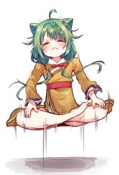 Rule 34 | 1girl, :&lt;, ahoge, barefoot, belt, blush, bow, bowtie, braid, braided bangs, closed eyes, closed mouth, cone hair bun, damenano104, double bun, floating, full body, green hair, hair bun, hands on own legs, heruka (madoka magica), highres, long hair, long sleeves, lotus position, magia record: mahou shoujo madoka magica gaiden, mahou shoujo madoka magica, mandarin collar, no nose, red belt, red bow, red bowtie, simple background, sitting, solo, sweat, twintails, very long hair, white background, yellow tunic