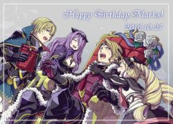 Rule 34 | 2boys, 2girls, armor, black gloves, blonde hair, breasts, brother and sister, brothers, camilla (fire emblem), cleavage, dress, elise (fire emblem), closed eyes, fire emblem, fire emblem fates, flower, gift, gloves, hair over one eye, hair ribbon, hairband, happy birthday, hiyori (rindou66), leo (fire emblem), long hair, multicolored hair, multiple boys, multiple girls, nintendo, open mouth, purple hair, ribbon, short hair, siblings, sisters, sitting, sweatdrop, twintails, xander (fire emblem)