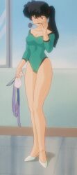 Rule 34 | 1990s (style), 1girl, bare legs, black hair, blue eyes, breasts, cleavage, full body, green leotard, holding, holding weapon, kunou kodachi, leotard, long hair, looking at viewer, medium breasts, ponytail, ranma 1/2, retro artstyle, ribbon, screencap, side ponytail, solo, third-party edit, weapon, wide hips