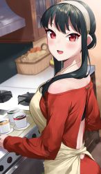 Rule 34 | 1girl, :d, absurdres, apron, back cutout, bad id, bad pixiv id, black hair, blush, breasts, clothing cutout, coffee, cup, from side, hair bun, hairband, highres, holding, holding tray, kitchen, large breasts, lens flare, long hair, looking at viewer, mug, off-shoulder sweater, off shoulder, open mouth, red eyes, red sweater, sidelocks, single hair bun, smile, solo, spy x family, steam, stove, sweater, teeth, totoki86, tray, upper body, upper teeth only, white hairband, yor briar