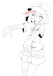 Rule 34 | 1girl, eichi yuu, hat, highres, jiangshi, lineart, looking at viewer, miyako yoshika, monochrome, ofuda, open mouth, outstretched arms, short hair, smile, solo, star (symbol), touhou, zombie pose