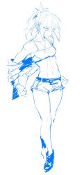 Rule 34 | 1girl, bandages, blue theme, breasts, cutoffs, denim, denim shorts, fate/apocrypha, fate/grand order, fate (series), highres, jacket, jacket partially removed, kotneciii, lineart, monochrome, mordred (fate), mordred (fate/apocrypha), mordred (memories at trifas) (fate), navel, ponytail, shorts, sketch, small breasts, solo, white background
