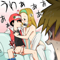 Rule 34 | 1girl, 2boys, agemono, baseball cap, blonde hair, blue oak, blush, bottomless, breasts, brother and sister, clothed male nude female, clothes pull, covered erect nipples, creatures (company), daisy oak, empty eyes, erection, foreskin, game freak, hat, headband, heart, multiple boys, navel, netorare, nintendo, nude, open mouth, pants, pants pull, penis, phimosis, pokemon, red (pokemon), saliva, saliva trail, shocked green meme (pixiv), siblings, sisterly netorare, sitting, small breasts, steam, surprised, sweat, testicles, thighhighs, third-party edit, topless, uncensored