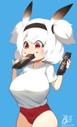Rule 34 | 1girl, :3, :t, alvis (last origin), blue background, blush, breasts, buruma, candy, candy bar, chewing, chocolate, chocolate bar, dated, eating, food, food in mouth, hairband, highres, huge breasts, last origin, oppai loli, pantyhose, red eyes, redshark7839, short hair, short twintails, signature, simple background, solo, thick thighs, thighs, twintails, two side up, white hair