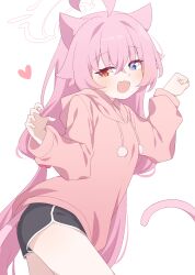 1girl absurdres animal_ears blue_archive blue_eyes cat_ears cat_tail dolphin_shorts hagoonha halo heterochromia highres hood hoodie hoshino_(blue_archive) pink_hair pink_halo pink_hoodie shorts tail thighs yellow_eyes