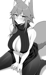 Rule 34 | 1girl, absurdres, animal ear fluff, animal ears, arind yudha, backless outfit, bare shoulders, breasts, fate/extra, fate (series), fox ears, fox girl, fox tail, greyscale, hair between eyes, highres, large breasts, long hair, looking at viewer, meme attire, monochrome, navel, pantyhose, sideboob, sidelocks, sitting, smile, solo, tail, tamamo (fate), tamamo no mae (fate/extra), virgin killer sweater, wariza
