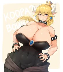 Rule 34 | 1girl, armlet, bare shoulders, black dress, black nails, blonde hair, blue eyes, bowsette, breasts, cameltoe, cleavage, collar, covered navel, crown, curvy, dress, earrings, grin, hands on own hips, highres, horns, huge breasts, jewelry, looking at viewer, mario (series), nail polish, new super mario bros. u deluxe, nintendo, pointy ears, raised eyebrow, sash, sharp teeth, sinensian, smile, solo, spiked armlet, spiked collar, spikes, super crown, teeth, thick eyebrows, thick thighs, thighs, wide hips