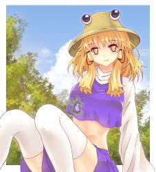 Rule 34 | 1girl, bad id, bad pixiv id, blonde hair, crop top, crop top overhang, hair ribbon, hat, highres, moriya suwako, aged up, oversized clothes, ribbon, sitting, solo, thighhighs, third eye, touhou, white thighhighs, wide sleeves, x&amp;x&amp;x, yellow eyes