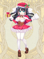 Rule 34 | 1girl, :d, black hair, blue eyes, blush, boots, bow, box, breasts, brown footwear, cabbie hat, capelet, character request, cleavage, collarbone, dairoku ryouhei, frilled skirt, frills, full body, fur-trimmed capelet, fur-trimmed headwear, fur-trimmed mittens, fur trim, gift, gift bag, gift box, hat, holding, holding gift, large breasts, long hair, long sleeves, mittens, official art, open mouth, pantyhose, red bow, red capelet, red hat, red skirt, shikito (yawa0w0), skirt, smile, solo, standing, standing on one leg, two side up, very long hair, white mittens, white pantyhose