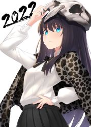 Rule 34 | 1girl, 2022, animal print, animal skull, arm up, black bow, black hair, black skirt, blue eyes, bow, breasts, commentary request, eyebrows hidden by hair, hair between eyes, highres, i.f.s.f, leopard print, long hair, long sleeves, pleated skirt, puffy long sleeves, puffy sleeves, shirt, simple background, skirt, skull on head, small breasts, solo, tohno akiha, tsukihime, very long hair, white background, white shirt