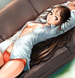 Rule 34 | 1girl, bad id, bad pixiv id, blush, breasts, brown eyes, brown hair, couch, long hair, lying, navel, on back, open clothes, open shirt, original, panties, pirano, shirt, small breasts, solo, underwear, very long hair, white shirt