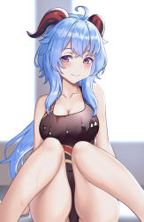 Rule 34 | 1girl, bare shoulders, bell, blue hair, blush, breasts, cleavage, competition swimsuit, cowbell, ganyu (genshin impact), genshin impact, goat horns, half-closed eyes, highres, horns, kangbus, looking at viewer, medium breasts, one-piece swimsuit, pool, poolside, purple eyes, seductive smile, smile, solo, swimsuit, wet