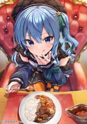 Rule 34 | 1girl, :q, black skirt, blue eyes, blue hair, chair, commentary request, copyright notice, curry, curry rice, food, from above, gravy boat, hand up, holding, holding spoon, hololive, hoshimachi suisei, hoshimachi suisei (streetwear), jacket, licking lips, long hair, looking at viewer, looking up, off shoulder, official art, one side up, orange nails, orange pantyhose, pantyhose, plate, rice, sitting, skirt, solo, spoon, star (symbol), star in eye, steam, summer tail720, symbol in eye, table, tongue, tongue out, virtual youtuber, wavy hair