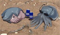 Rule 34 | animal focus, bao (vtuber), beer can, blobfish, can, drink can, indie virtual youtuber, no humans, octopus, outdoors, photo-referenced, sand, shadow, sunglasses, thernz