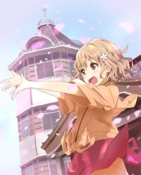 Rule 34 | 10s, 1girl, :d, bad id, bad pixiv id, blonde hair, blue sky, blush, brown eyes, building, day, flower, hair flower, hair ornament, hanasaku iroha, hatsumic, japanese clothes, jpeg artifacts, matsumae ohana, open mouth, outstretched arms, outstretched hand, petals, short hair, sky, smile, solo, wavy hair, wind