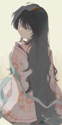 Rule 34 | 1girl, black hair, blue ribbon, closed mouth, expressionless, facing away, floral print, from behind, highres, kashiwatoriniku, long hair, looking at viewer, looking back, original, purple eyes, ribbon, simple background, sitting, solo, very long hair, wavy hair, white background