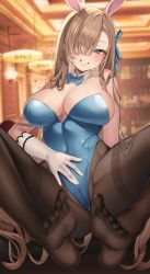 Rule 34 | 1girl, absurdres, animal ears, asuna (blue archive), asuna (bunny) (blue archive), bare shoulders, blue archive, blue bow, blue bowtie, blue eyes, blue leotard, blue ribbon, blurry, blurry background, blush, bow, bowtie, breasts, brown pantyhose, cameltoe, cleavage, commentary, covered navel, detached collar, elbow gloves, fake animal ears, feet, foot focus, gloves, grin, hair over one eye, hair ribbon, highleg, highleg leotard, highres, indoors, large breasts, leotard, light brown hair, long hair, looking at viewer, mole, mole on breast, no shoes, pantyhose, playboy bunny, rabbit ears, reel (riru), ribbon, sitting, smile, soles, solo, strapless, strapless leotard, thighband pantyhose, traditional bowtie, very long hair, white gloves