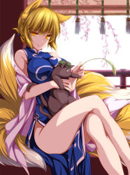 Rule 34 | 1girl, alternate costume, animal ears, blonde hair, breasts, cat, cat teaser, chen, chen (cat), china dress, chinese clothes, crossed legs, dress, fox ears, fox tail, hat, highres, large breasts, legs, looking at viewer, monety, multiple tails, no panties, quipao, short hair, sitting, smile, solo, tail, thighs, touhou, yakumo ran, yellow eyes