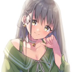Rule 34 | 1girl, bad id, bad pixiv id, bare shoulders, brown eyes, choker, closed mouth, collarbone, earrings, eyebrows hidden by hair, glint, green shirt, grey hair, hair between eyes, hair ribbon, hand up, heart, heart choker, heart earrings, highres, ichiren namiro, jewelry, long hair, long sleeves, looking at viewer, off-shoulder shirt, off shoulder, original, puffy long sleeves, puffy sleeves, ribbon, ring, shirt, simple background, smile, solo, upper body, white background, white choker, white ribbon